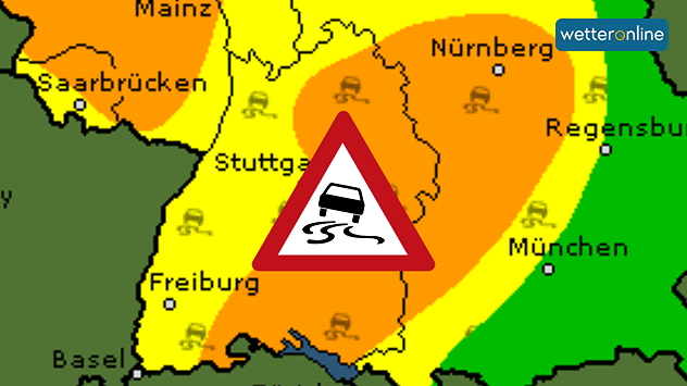 Die orangenen Zonen in der Warnkarte stehen für ein erhöhtes Risiko gefrierenden Regens.