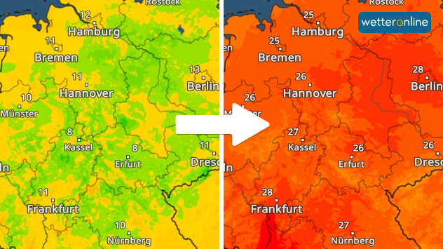WetterRadar zeigt einen starken Temperaturanstieg von morgens bis nachmittags