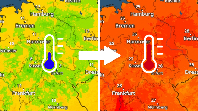 WetterRadar zeigt einen starken Temperaturanstieg von morgens bis nachmittags