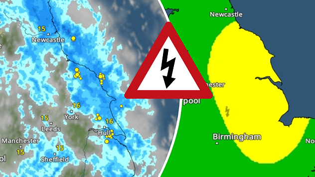 Split weather graphic showing radar-detected rain and lightning across northern England on the left and a yellow thunderstorm warning area over eastern England on the right, with a central warning symbol.