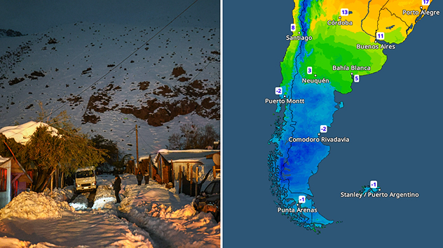 Mientras aquí estamos en pleno verano, en el hemisferio sur reina el invierno más crudo. Así, en Sudamérica, en la parte sur de los Andes, las temperaturas bajan hasta los 20 grados bajo cero.