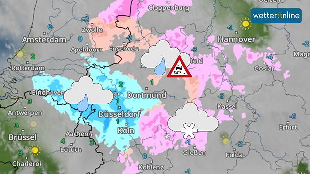 Das WetterRadar zeigt im Westen Deutschlands Regen, gefrierenden Regen und Schnee.