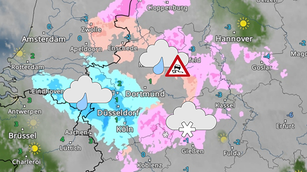 Das WetterRadar zeigt im Westen Deutschlands Regen, gefrierenden Regen und Schnee.