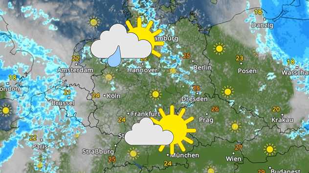 WetterRadar für Deutschland mit Symbolen für Samstag: überwiegend Sonne, im Bereich Hamburg/Hannover Sonne mit einzelnen Schauern; Temperaturen zwischen 18 und 27 °C.