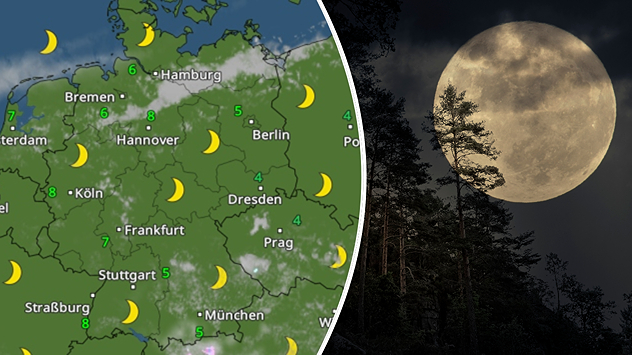 Kombination aus Wetterkarte für Deutschland mit Mondsymbolen und Foto eines Vollmonds über dunklem Wald. In vielen Regionen sind klare, trockene Nächte dargestellt.