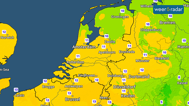 Een temperatuurkaart met de minima in de nacht van 10 tot 13 graden.
