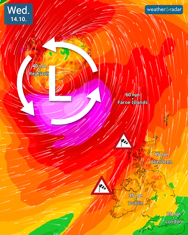 Wind map for Wednesday 14.10 showing deep low pressure near Iceland, 60 mph winds at the Faroe Islands and 45 mph near Aberdeen, with wind warnings.