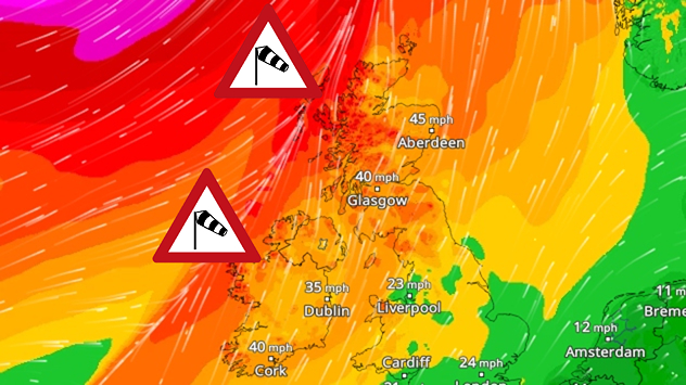 Wind map showing 45 mph near Aberdeen, 40 mph near Glasgow and Cork, and red strong wind warning symbols across western Scotland and Ireland.