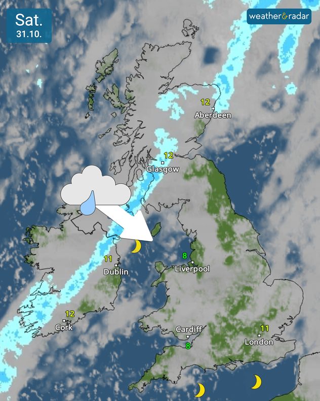 Weather map for Halloween showing a rani band across western Ireland and south-west Scotland moving southeast, with temperatures of 8 to 12°C