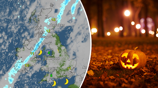 Split image showing a UK and Ireland weather map with rain bands and temperatures of 8 to 12°C beside a glowing Halloween pumpkin on autumn leaves.