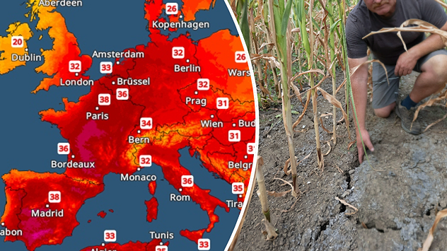 Europakarte mit hohen Temperaturen neben einem ausgetrockneten, rissigen Boden.