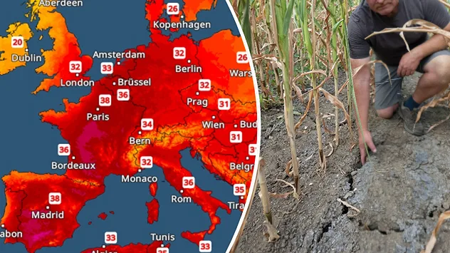 Europakarte mit hohen Temperaturen neben einem ausgetrockneten, rissigen Boden.