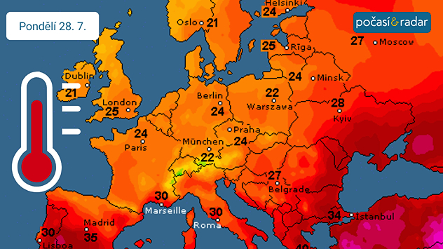 Předpověď maximálních teplot v Evropě na pondělí 28. 7. - ve střední Evropě čekáme nejvyšší denní teploty kolem 24 °C, výrazně vyšší teploty budou registrovat zejména v jihovýchodní Evropě.