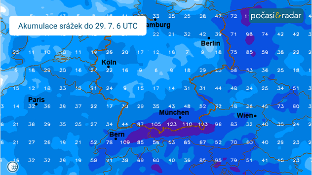 Předpověď akumulace srážek nad částí střední a západní Evropy do úterního (29. 7.) rána dle modelu ECMWF. Zapršet - místy i poměrně výrazně - by mělo i takřka na celém území Česka.