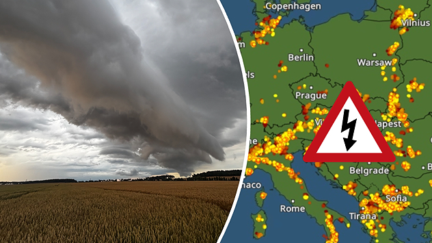 Split image showing a dramatic supercell thunderstorm with a lowering cloud base over farmland on the left, and a Europe lightning map on the right with dense lightning strikes and a thunderstorm warning symbol across central and southeastern Europe.