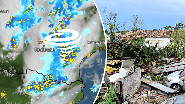 Links toont de weerradar talrijke bliksemflitsen boven Zuid-Frankrijk. Rechts zijn ernstige tornado-schade in Pomas te zien, met beschadigde daken, bomen en voertuigen.