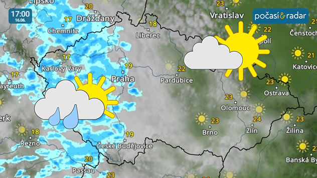 Meteoradar, screenshot, 16. 6. 17:00: V úterý se nad Českem ještě často objeví velká oblačnost, hlavně v Čechách místy i přeháňky nebo slabý déšť. Oproti pondělí již však bude mírně tepleji.