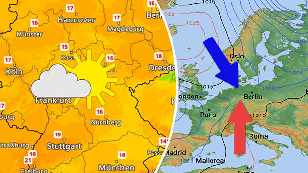 TemperaturRadar für Donnerstag und Wetterlage mit Luftmassengrenze zum Wochenende