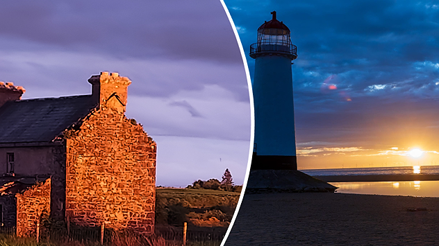 Split image showing a stone cottage glowing in warm sunset light beneath dark storm clouds on the left, and a lighthouse silhouetted against a a golden seaside sunset with reflections on calm water on the right.