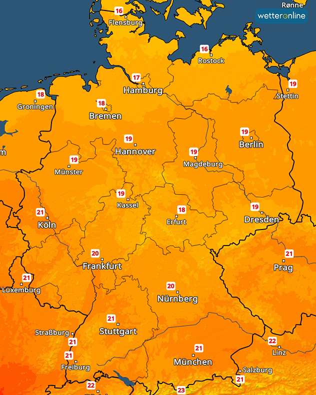 TemperaturRadar mit Höchstwerten zwischen 16 Grad im Norden und über 20 Grad im Süden.