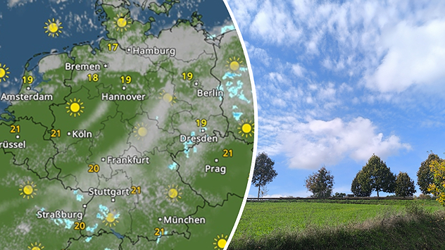 Wettervorhersage für Deutschland mit Höchstwerten um 20 Grad neben einer sonnigen Herbstlandschaft.