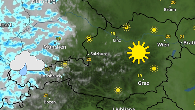 Wetterkarte mit Sonne im Osten Österreichs und Regenwolken im Westen.