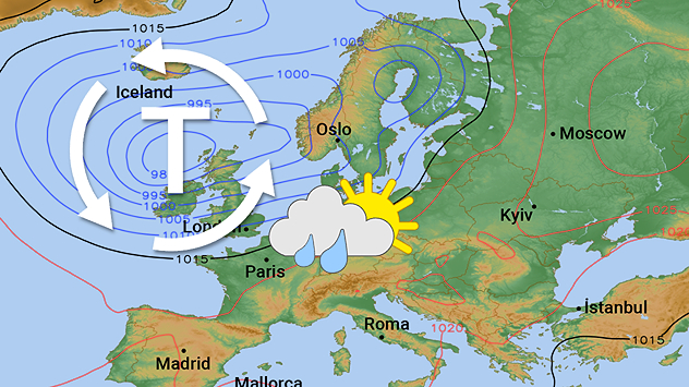 Wetterkarte mit Tiefdruckgebiet über dem Atlantik und wechselhaftem Wetter in Mitteleuropa.