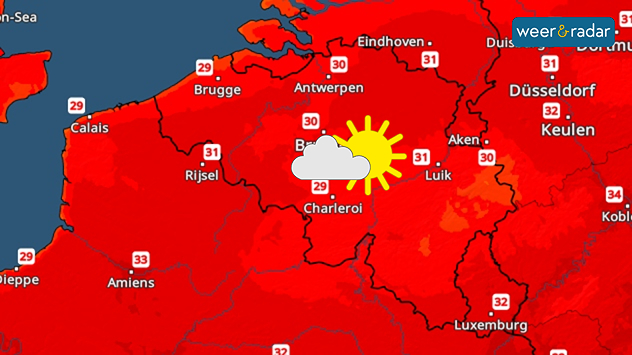 De kaart toont temperaturen van 29 tot 32 graden en een zon met wolk is ingetekend.