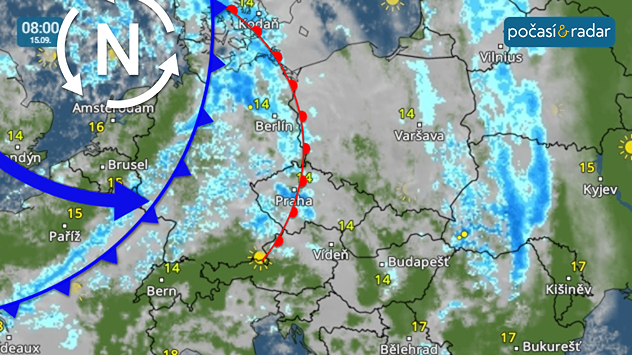 Meteoradar, screenshot, 15. 9. 8:00: V západním proudění nás tak budou přecházet jednotlivé frontální systémy. Bude proto převládat zvětšená oblačnost, často se objeví i srážky.