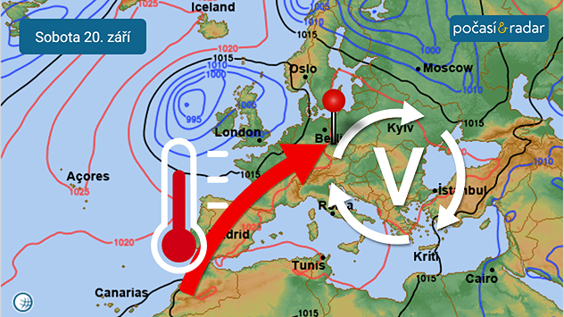 Předpověď synoptické situace nad Evropou, sobota 20. září: Od čtvrtka nad střední Evropou zesílí vliv tlakové výše, po jejíž zadní straně k nám bude proudit teplý vzduch od jihozápadu.