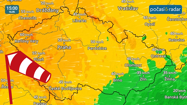 Větrný radar, screenshot, 16. 9. 15:00: První polovina nového týdne u nás bude poměrně větrná - především ale úterý, kdy hlavně v Čechách během dne čekáme až čerstvý Z/JZ vítr.