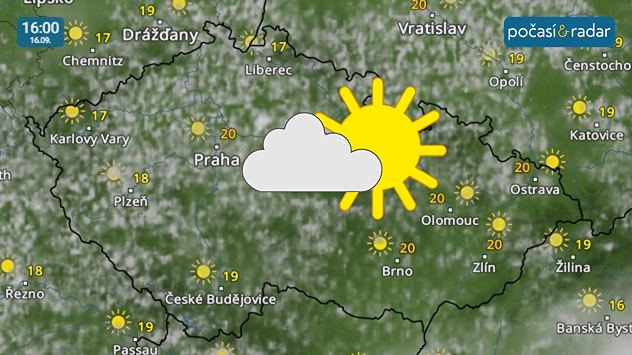 Meteoradar, screenshot, 16. 9. 16:00: V úterý u nás bude převažovat polojasná obloha, odpolední teploty se budou pohybovat kolem 20 °C.