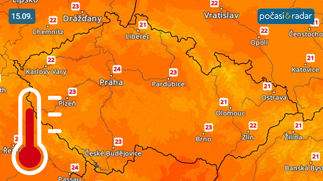 Předpověď maximálních teplot v Česku na pondělí 15. 9. Nejvyšší denní teploty budou v nejbližších dnech zůstávat kolem 20 °C, v pondělí se odpolední teploty vyšplhají až ke 24 °C.