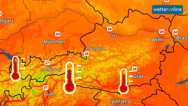 Temperaturkarte von Österreich mit roten Thermometern für die wärmsten Regionen