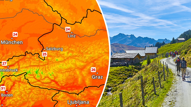 Splitbild aus einer Temperaturkarte aus Österreich und Wanderern in den Alpen