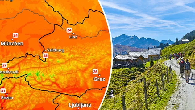 Splitbild aus einer Temperaturkarte aus Österreich und Wanderern in den Alpen