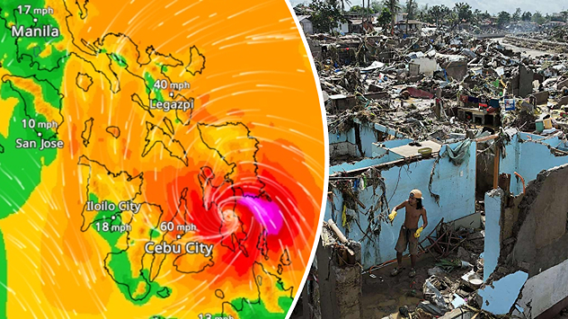 Weather map of a typhoon over the Philippines and destroyed houses after the storm.
