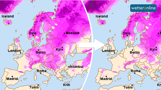 Während am vergangenen Wochenende noch weite Teile Mitteleuropas mit Schnee bedeckt waren (hier in pink), sieht das Ende dieser Woche ganz anders aus.