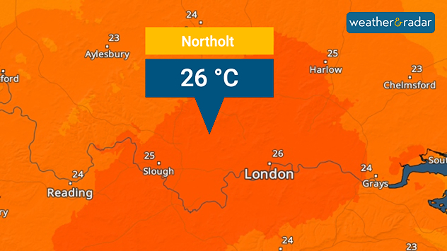 Temperature map centered on London showing Northolt highlighted with a label of 26°C, surrounded by orange shading indicating warm conditions across southeast England.