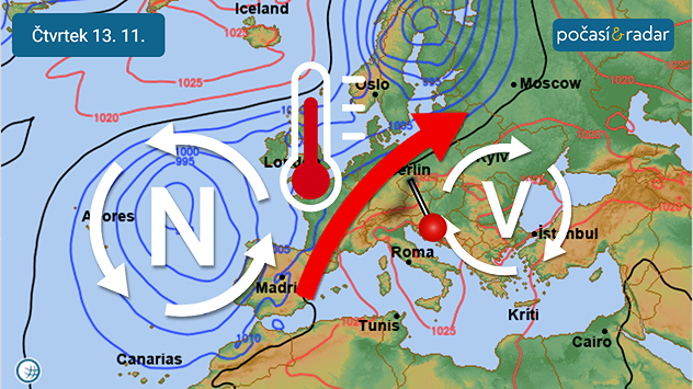 Předpověď synoptické situace nad Evropou na čtvrtek 13. 11. Nad Česko bude ve vyšších vrstvách atmosféry proudit od jihu až jihozápadu velmi teplý vzduch. České nížiny se však budou často nacházet pod příkrovem inverzních mlh a nízké oblačnosti.