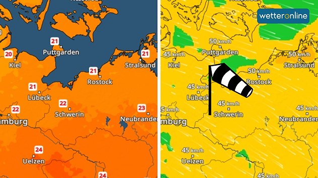 Prognosekarten für Sonntag: links Temperaturen von 21–24 °C an der Ostsee, rechts Windböen bis 50 km/h zwischen Lübeck, Rostock und Puttgarden