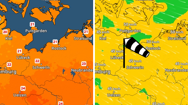 Links Temperaturkarte für Norddeutschland mit Werten um 21–24 °C, rechts Windkarte mit Böen bis 50 km/h entlang der Ostseeküste, Windsack-Symbol markiert die Region.