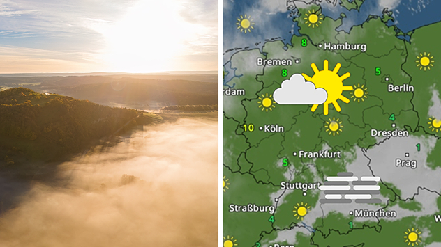 Nebel im Morgenlicht und Wetterkarte mit Sonne und Nebel über Deutschland.