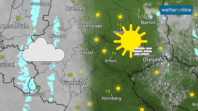 Die Wetterkarte zeigt Wolken und Regen im Westen Deutschlands, vor allem um Köln. Von Erfurt bis Dresden und Berlin ist es dagegen sonnig bei 10 bis 12 Grad.