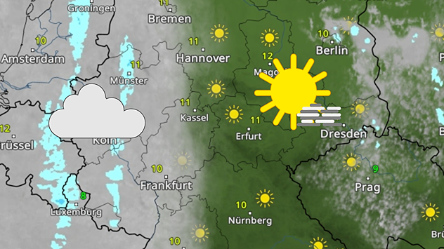 Die Wetterkarte zeigt Wolken und Regen im Westen Deutschlands, vor allem um Köln. Von Erfurt bis Dresden und Berlin ist es dagegen sonnig bei 10 bis 12 Grad.