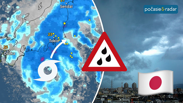 Rozdelená grafika s radarovo-satelitnou mapou tropického systému pri Japonsku naľavo a tmavou búrkovou oblohou nad mestom napravo, doplnená výstražným symbolom silného dažďa a japonskou vlajkou.