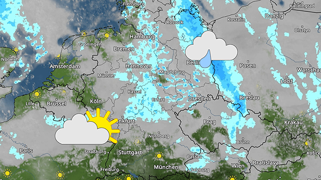 WetterRadar-Karte vom 11. November zeigt zahlreiche Schauer über der Mitte und dem Osten Deutschlands. Im Westen und Süden ist es trockener mit sonnigen Abschnitten – dargestellt durch Regen- und Sonne-Wolke-Symbole.