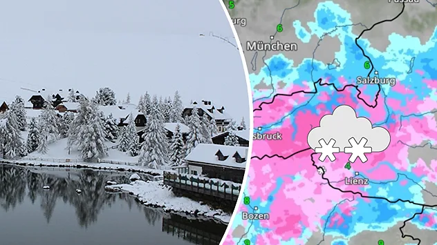 Verschneite Alpenlandschaft und Wetterkarte Westösterreich