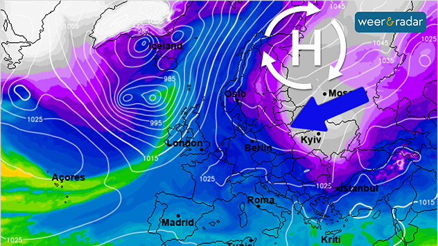 De weerkaart voor eind volgende week toont een sterk hogedrukgebied boven Noordwest-Rusland en Scandinavië, dat zeer koude continentale vrieslucht op transport zet.