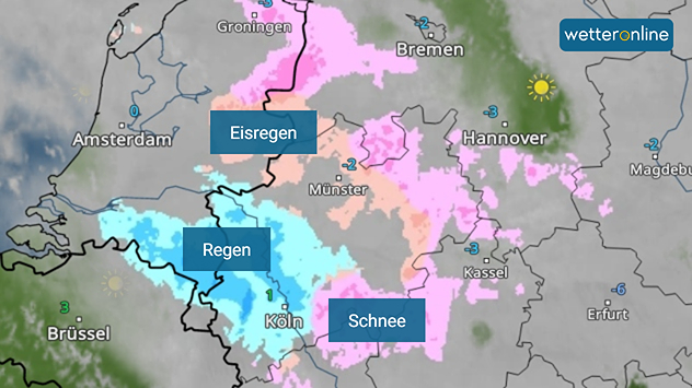 WetterRadar-Karte von Deutschland mit markierten Niederschlagsarten: Schnee, Eisregen und Regen in verschiedenen Regionen.